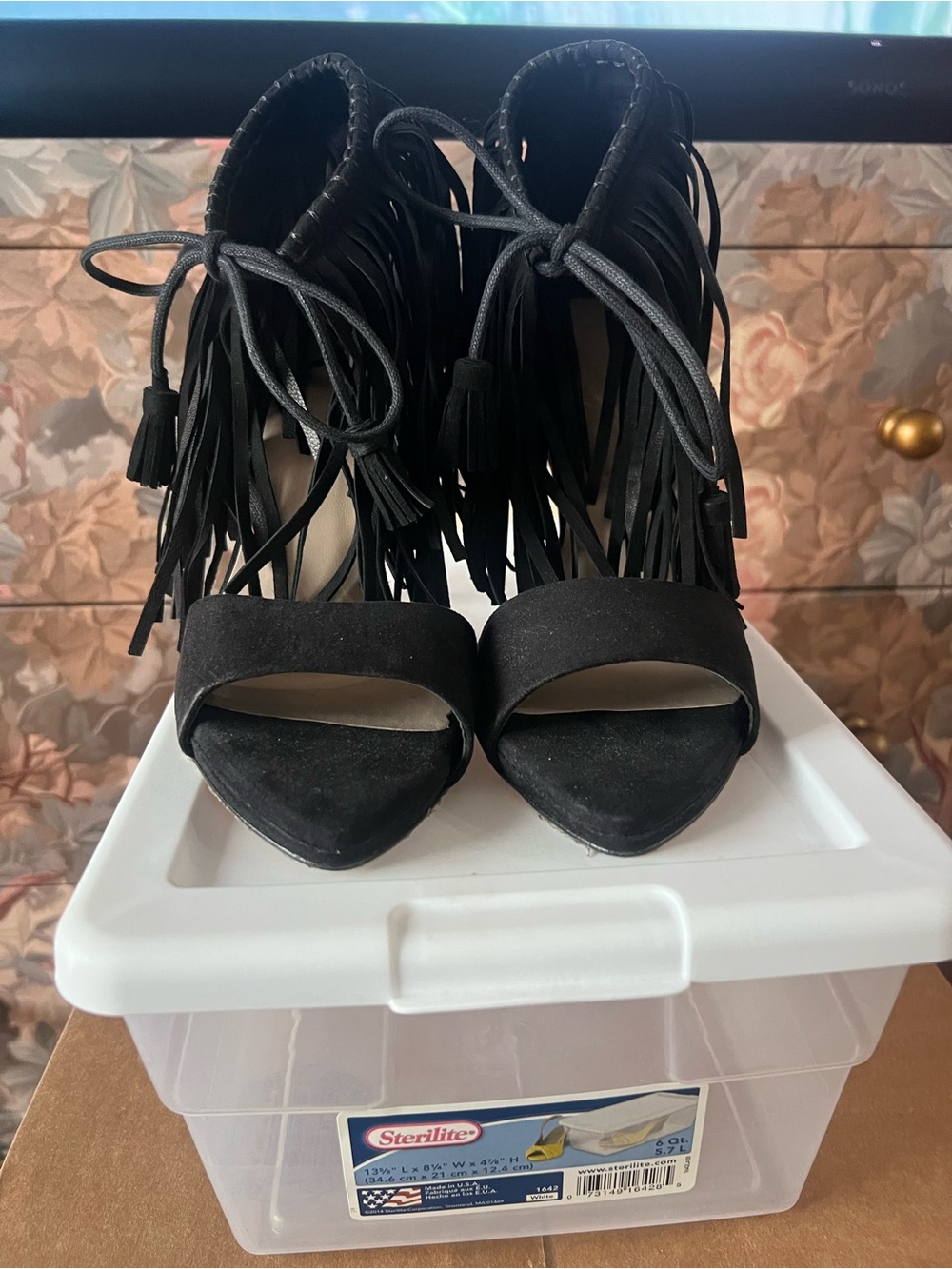 Zara Black Fringe Lace-Up High Heel Sandals 8